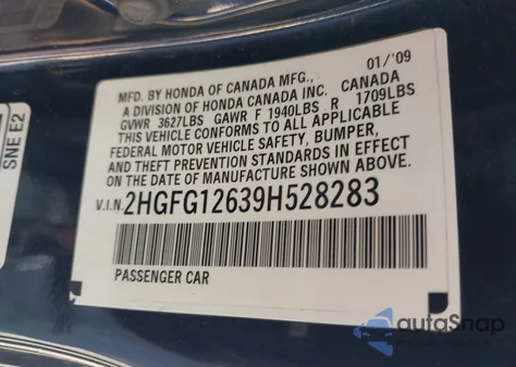 2009 Honda Civic Lx from USA, damaged, VIN 2HGFG12639H528283